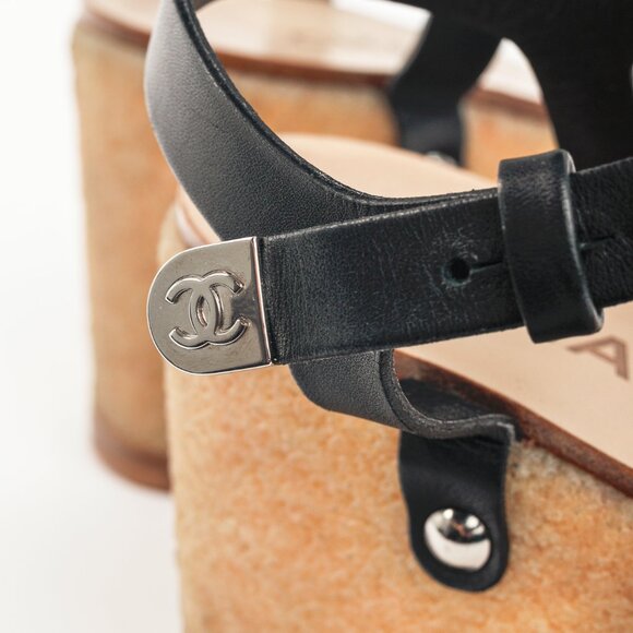 Chanel Black Leather Platform Wedge Sandals - Picture 8 of 9